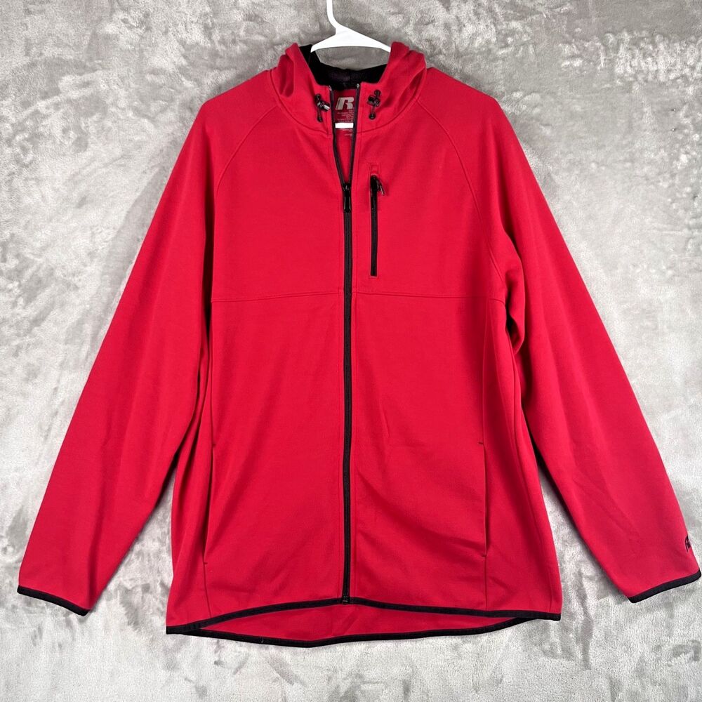 Russell Athletic Men’s Large Red Full Zip Hooded Performance Jacket Black Trim